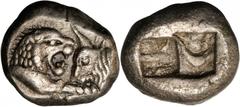 LYDIA. Kroisos (561-546 B.C.). AR 1/3 Stater (3.42 gms), ca. 561-546 B.C. Rosen-666. Confronted foreparts of lion and bull; Reverse: Two incuse square punches of unequal size. Well struck, bold. EXTRE