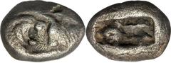 LYDIA. Kroisos (561-546 B.C.). AR 1/3 Stater (3.39 gms). cf.BMC-22.7, 41. Foreparts of lion and bull facing each other; Reverse: Two incuse squares, one slightly larger. Dark toning. Light graininess,