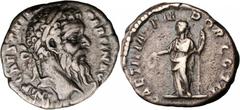 PERTINAX, A.D. 193. AR Denarius (2.87 gms), Rome Mint. RIC-4a; S-6041; RSC-20. Laureate head of Pertinax right; Reverse: Laetitia standing left holding wreath and scepter. Dark toning. VERY FINE.