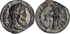 PERTINAX, A.D. 193. AR Denarius, Rome Mint. RIC-1a. Laureate head of Pertinax facing right; Reverse: Aequitas standing facing left, holding scales and cornucopiae. Toned with subdued luster. ICG VF-35