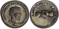 PUPIENUS, A.D. 238. AR Antoninianus, Rome Mint. RIC-9. Radiate, draped and cuirassed bust of Pupienus facing right; Reverse: Clasped hands. Toned. ICG EF-45.