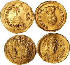 MIXED LOTS. Byzantine. Lot of (4) AV Solidii, ca. A.D. 383-944. 4 pieces in lot. Includes: (1) late Roman Empire Solidus of Arcadius and (3) Solidii from the Byzantine Empire, issued by Justinian I, H