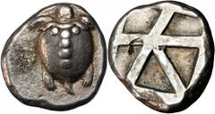 AEGINA. AR Stater (12.24 gms), ca. 480-457 B.C. cf.Milbank-pl.1 #13; SNGCop-507. Sea turtle with T-pattern of dots on shell; Reverse: Incuse skew pattern. Bold turtle on a nice broad flan. Full dots o