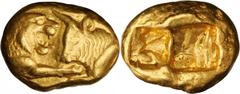 LYDIA. Kroisos, 561-546 B.C. AV Light Stater (8.05 gms). Rosen-660; SNG Cop-454. Foreparts of lion and bull; Reverse: Incuse punch of two squares. One of the earliest gold coins in the world. Lustrous