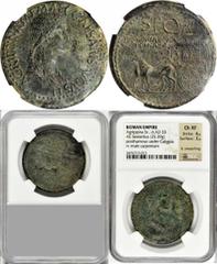AGRIPPINA SENIOR (MOTHER OF CALIGULA, DIED A.D. 33). AE Sestertius (25.39 gms). RIC (Caligula)-55. Draped bust of Agrippina Senior facing right with elaborate braid; Reverse: Carpentum drawn left by t