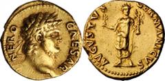 NERO, A.D. 54-68. AV Aureus (7.29 gms), Rome Mint, A.D. 64-65. RIC-46; Calico-402. "NERO CAESAR", laureate head of Nero right; Reverse: "AVGVSTVS GERMANICVS", Nero radiate standing facing holding bran