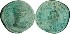 JULIA DOMNA (WIFE OF SEPTIMIUS SEVERUS). AE As (26.02 gms), Rome Mint, ca. A.D. 211-217. RIC (Caracalla)-588. Draped bust of Julia Domna right; Reverse: Julia Domna enthroned left holding branch and s