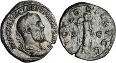 PUPIENUS, A.D. 238. AE Sestertius (18.37 gms), Rome Mint. RIC-23. Laureate, draped and cuirassed bust of Pupienus facing right; Reverse: Victory standing facing with head left, holding wreath and palm
