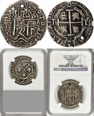 VERY RARE Royal 8 Reales of Luis I BOLIVIA. 8 Reales Royal, 1727-PY. Luis I (1724). NGC EF Details--Holed. KM-R35; Cal-Type-13#22; Calbeto-1166; Lazaro-309. Fully round presentation strike, struck in 