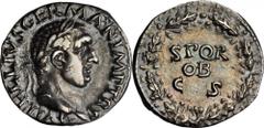VITELLIUS, A.D. 69. AR Denarius (3.17 gms), Rome Mint, A.D. 69. RIC-83. "A VITELLIVS GERMAN IMP TR P", laureate head of Vitellius facing right; Reverse: "SPQR / OB / C S", oak wreath with inscription.