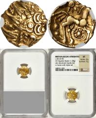 Atrebates CELTIC BRITAIN. Atrebates. AV 1/4 Stater (1.28 gms), ca. 60-20 B.C. S-48; VA-220-1. Abstract head of Apollo; Reverse: Celticized horse right, spiked wheel below. NGC EF, Strike: 4/5 Surface:
