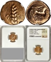 Trinovantes CELTIC BRITAIN. Trinovantes. AV Stater (5.39 gms), Camulodunum (Colchester) Mint, Cunobelin (ca. 10-43 A.D.). S-283; VA-1933-1. Wild type, corn ear dividing "CA-MV"; Reverse: Celticized ho