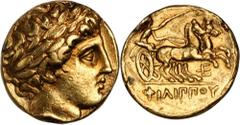 Philip II, 359-336 B.C MACEDON. Kingdom of Macedon. Philip II, 359-336 B.C. AV Stater (7.77 gms), Pella Mint, ca. 359 B.C. LeRider-497. Laureate head of Apollo right; Reverse: Biga driving right, trid
