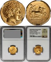 Philip II, 359-336 B.C MACEDON. Kingdom of Macedon. Philip II, 359-336 B.C. AV Stater (8.60 gms), Pella Mint, ca. 323-315 B.C. LeRider-421. Laureate head of Apollo facing right; Reverse: Biga driving 