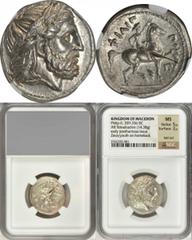 Philip II, 359-336 B.C MACEDON. Kingdom of Macedon. Philip II, 359-336 B.C. AR Tetradrachm (14.38 gms), Posthumous Issue of Amphipolis, ca. 323-315 B.C. LeRider-pl.46#19; cf.SNGCop-559. Laureate head 