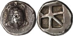 Aegina AEGINA. AR Stater (12.31 gms), ca. 404-375 B.C. Milbank-pl. II#12; SNGDelpierre-1813 (same reverse die); SNGCop-517; BMC-11.137,146. Land turtle (Testudo Graeca) in high relief with thirteen de
