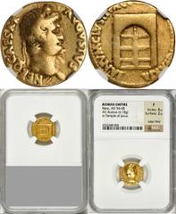 Nero, A.D. 54-68 NERO, A.D. 54-68. AV Aureus (6.18 gms), Rome Mint, ca. A.D. 64-68. RIC-50. "NERO CAESAR AVGVSTVS" Bearded and laureate head of Nero facing right; Reverse: "IANVM CLVSIT PACE P R TERRA