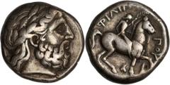 Philip II, 359-336 B.C MACEDON. Kingdom of Macedon. Philip II, 359-336 B.C. AR Tetradrachm (14.25 gms), Amphipolis Mint, ca. 342-329 B.C. LeRider-502 (D241/R448). Laureate head of Zeus facing right; R