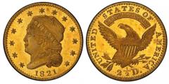 The Parmelee-Eliasberg Gem 1821 Quarter Eagle Long Considered a Proof Striking 1821 Capped Head Left Quarter Eagle. Bass Dannreuther-1. Rarity-5. Mint State-66+ (PCGS). "Sharp and perfect Proof; extre