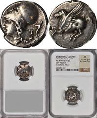 Corinth CORINTHIA. Corinth. AR Stater (8.27 gms), ca. 375-300 B.C. NGC EF, Strike: 4/5 Surface: 5/5. Calciati-474. Pegasus flying left, koppa below; Reverse: Head of Athena left wearing Corinthian hel