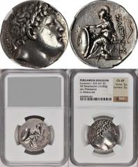 Kingdom of Pergamon MYSIA. Pergamon. Kingdom of Pergamon. Eumenes I, 263-241 B.C. AR Tetradrachm (16.80 gms). NGC Ch EF, Strike: 5/5 Surface: 3/5. BMC-15.115,31. Laureate head of Philetaerus facing ri