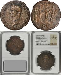 Caligula, A.D. 37-41 CALIGULA, A.D. 37-41. AE Sestertius (28.67 gms), Rome Mint, A.D. 37-38. NGC VF, Strike: 5/5 Surface: 3/5. RIC-33. "C CAESAR AVG GERMANICVS PON M TR POT" Laureate head of Caligula 