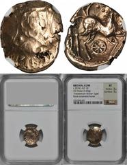 Celtic Britain CELTIC BRITAIN. Iceni. AV Stater (5.65 gms), ca. 45-40 B.C. NGC EF, Strike: 3/5 Surface: 3/5. VA-624-7. Late "Freckenhan Flower" type. Floral ornament with pellet in center; Reverse: Ce
