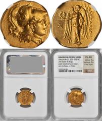 Alexander III (the Great), 336-323 B.C MACEDON. Kingdom of Macedon. Alexander III (the Great), 336-323 B.C. AV Stater (8.47 gms), Magnesia ad Maeandrum Mint, ca. 319-305 B.C. NGC Ch AU, Strike: 5/5 Su
