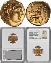 Lysimachos, 323-281 B.C THRACE. Kingdom of Thrace. Lysimachos, 323-281 B.C. AV Stater (8.47 gms), Calchedon or Callatis Mint (?), ca. Mid 3rd Century B.C. NGC Ch AU, Strike: 4/5 Surface: 4/5. Muller-u