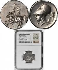 Corinth CORINTHIA. Corinth. AR Stater (8.52 gms), ca. 375-300 B.C. NGC Ch AU, Strike: 5/5 Surface: 3/5. Fine Style. Calciati-416. Pegasus of fine style flying left, koppa below; Reverse: Head of Athen