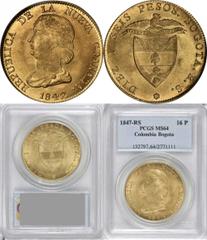 COLOMBIA COLOMBIA. 16 Pesos, 1847-RS. Bogota Mint. PCGS MS-64. Fr-74; KM-94.1. Population of one, with two finer (MS-66) at NGC and PCGS. A nearly unimprovable example of this short lived denomination