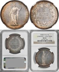 ITALY ITALY. Lombardy-Venetia (Milan). 5 Lire, 1848-M. NGC MS-65. C-22.2; Gig-306.3e(R2); Mont-427(R2). Long Stems. RARE. Population 1 with 0 finer at NGC and PCGS. The very finest graded and if the s
