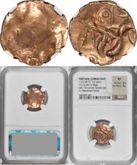 Corieltauvi CELTIC BRITAIN. Corieltauvi. AV Stater (5.46 gms), ca. 55-45 B.C. NGC EF, Strike: 3/5 Surface: 3/5. cf.S-391; VA-817. South Ferriby type. Blank; Reverse: Disjointed horse head left with ta