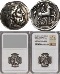Philip II, 359-336 B.C MACEDON. Kingdom of Macedon. Philip II, 359-336 B.C. AR Tetradrachm (13.86 gms), Amphipolis Mint, ca. 323-315 B.C. NGC VF, Strike: 5/5 Surface: 4/5. LeRider-pl.46#5. Posthumous 