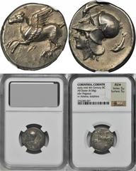 Corinth CORINTHIA. Corinth. AR Stater (8.58 gms), ca. 400-375 B.C. NGC AU*, Strike: 5/5 Surface: 5/5. cf.Calciati-271. Pegasus flying left; Reverse: Head of Athena facing left wearing Corinthian helme