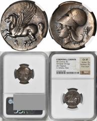 Corinth CORINTHIA. Corinth. AR Stater (8.52 gms), ca. 345-307 B.C. NGC Ch EF, Strike: 5/5 Surface: 4/5. Fine Style. Calciati-420. Pegasus flying left, koppa below; Reverse: Head of Athena facing left 