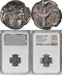 Cyrene CYRENAICA. Cyrene. AR Didrachm (7.73 gms), ca. 308-277 B.C. NGC Ch VF, Strike: 3/5 Surface: 5/5. SNG Cop-1234; BMC-29.51,229. Diademed head of Carneius wearing horn of Ammon facing right; Rever
