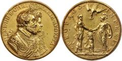 FRANCE FRANCE. Dauphin's Second Birthday Gilt Cast Bronze Medal, 1603. 66.2 mm; 67.2 gms. Maz-639; Kress-556. Conjoined busts of King Henry IIII in armor and Queen Mary with a lace collar and a flower