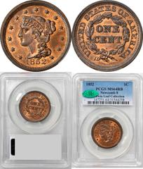 Generously Red 1852 Newcomb-8 Prooflike Early State 1852 Braided Hair Cent. N-8. Rarity-2. Noyes Die State-A/A. MS-64RB (PCGS) (CAC). A visually striking coin for its strong prooflike fields combined 