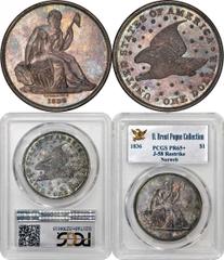 The Norweb Name Below Base 1836 Gobrecht Dollar Single Finest Certified by PCGS 1836 Gobrecht Silver Dollar. Judd-58. Name Below Base. Die Alignment III, Coin Turn. Reeded edge. Proof-65+ (PCGS). “The