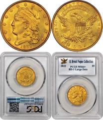 Frosty Near Gem 1833 Large Date Half Eagle First Year of Production at the Second Philadelphia Mint 1833 Capped Head Left Half Eagle. Bass Dannreuther-1. Rarity-5+. Large Date. Mint State-64+ (PCGS). 