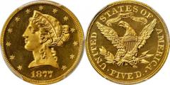 Liberty Half Eagle Gem Cameo Proof 1877 Half Eagle One of 20 Struck 1877 Liberty Half Eagle. 30th Anniversary Green Label. Proof-65 Cameo (PCGS). Secure Holder. A gorgeous piece displaying remarkable 