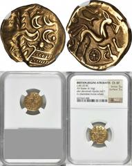 Atrebates CELTIC BRITAIN. Atrebates. AV Stater (6.16 gms), ca. 60-20 B.C. NGC Ch EF, Strike: 5/5 Surface: 5/5. S-38var.; VA-210-1var. Abstract head of Apollo, sun below crescents; Reverse: Celticized 