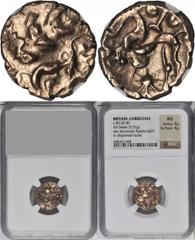 Corieltauvi CELTIC BRITAIN. Corieltauvi. AV Stater (5.51 gms), ca. 45-10 B.C. NGC AU, Strike: 4/5 Surface: 4/5. S-390var.; VA-811-5. South Ferriby type. Crude laureate head of Apollo; Reverse: Disjoin