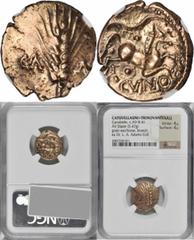 Trinovantes CELTIC BRITAIN. Trinovantes. Cunobelin (ca. A.D. 10-43). AV Stater (5.47 gms), Camulodunum (Colchester) Mint. NGC AU, Strike: 4/5 Surface: 4/5. S-286; VA-2010-1. "Plastic" type. Ear of gra
