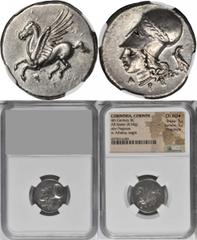 Corinth CORINTHIA. Corinth. AR Stater (8.50 gms), ca. 375-300 B.C. NGC Ch AU*, Strike: 5/5 Surface: 5/5. Fine Style. Calciati-426. Pegasus of fine style flying left, koppa below; Reverse: Head of Athe