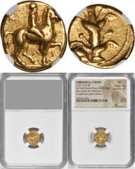 Cyrene CYRENAICA. Cyrene. AV Drachm (4.24 gms), ca. 322-313 B.C. NGC VF, Strike: 4/5 Surface: 4/5. Naville-108 (obverse and reverse die match). Youth on horseback prancing right; Reverse: Silphium pla