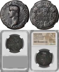 Caligula, A.D. 37-41 CALIGULA, A.D. 37-41. AE Sestertius (26.88 gms), Rome Mint, A.D. 37-38. NGC VF, Strike: 5/5 Surface: 3/5. Light Smoothing. RIC-37. "C CAESAR AVG GERMANICVS PON M TR POT" Laureate 