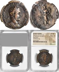 Macrinus, A.D. 217-218 MACRINUS, A.D. 217-218. AE Sestertius (20.50 gms), Rome Mint, A.D. 217. NGC Ch VF, Strike: 5/5 Surface: 5/5. RIC-139. "IMP CAES M OPEL SEV MACRINVS AVG" Laureate and cuirassed o