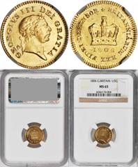 GREAT BRITAIN GREAT BRITAIN. 1/3 Guinea, 1806. George III (1760-1820). NGC MS-65. S-3740; Fr-367; KM-650. Second portrait (for the type). The single finest graded example at both NGC and PCGS. Bright 
